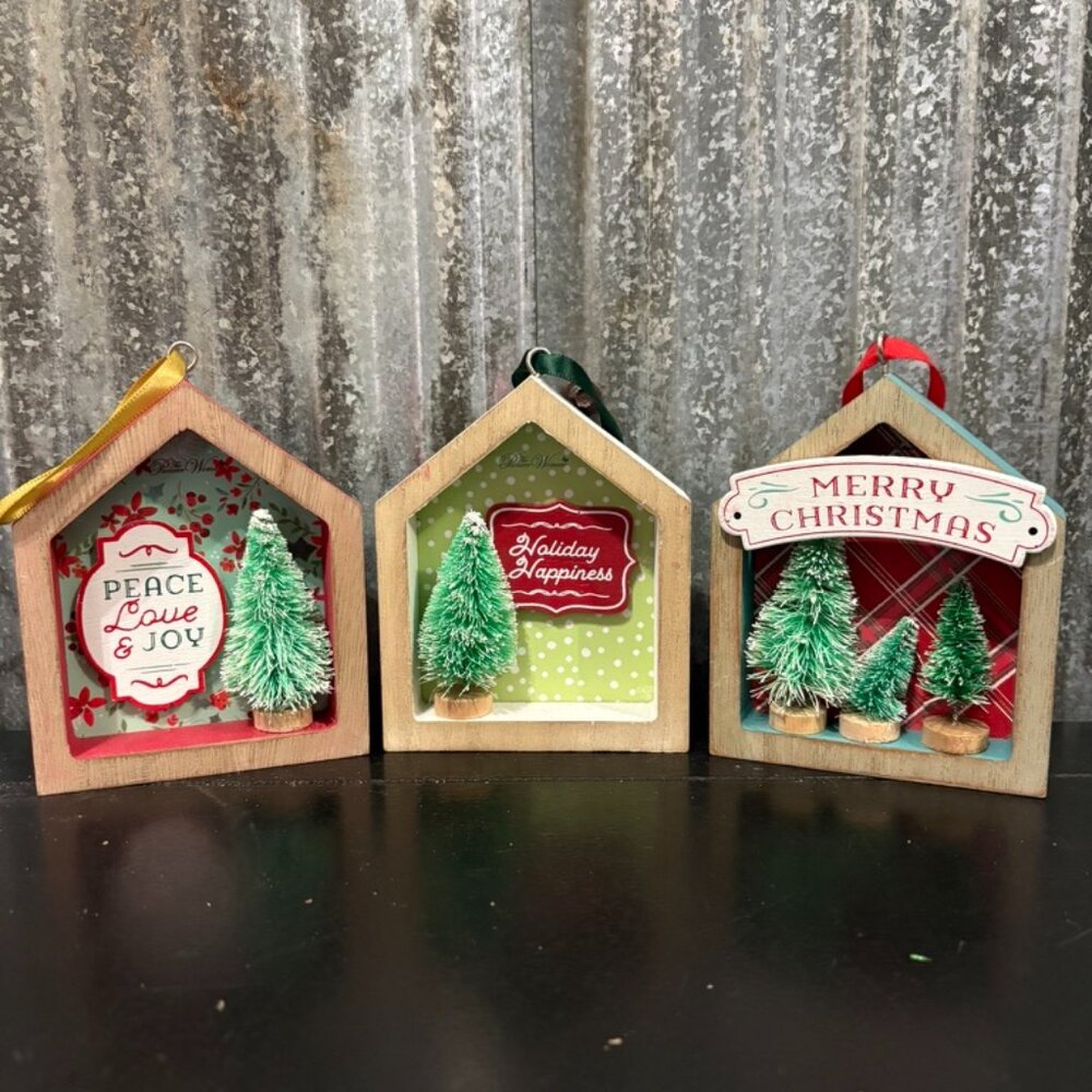 Set of 3 Wooden House Christmas Ornaments with Mini‎ Trees and Holiday Sayings